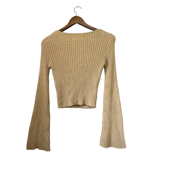 Hollister Ribbed Square Neck Long Flare Sleeve Crop Sweater Top Beige Size S - Picture 5 of 5
